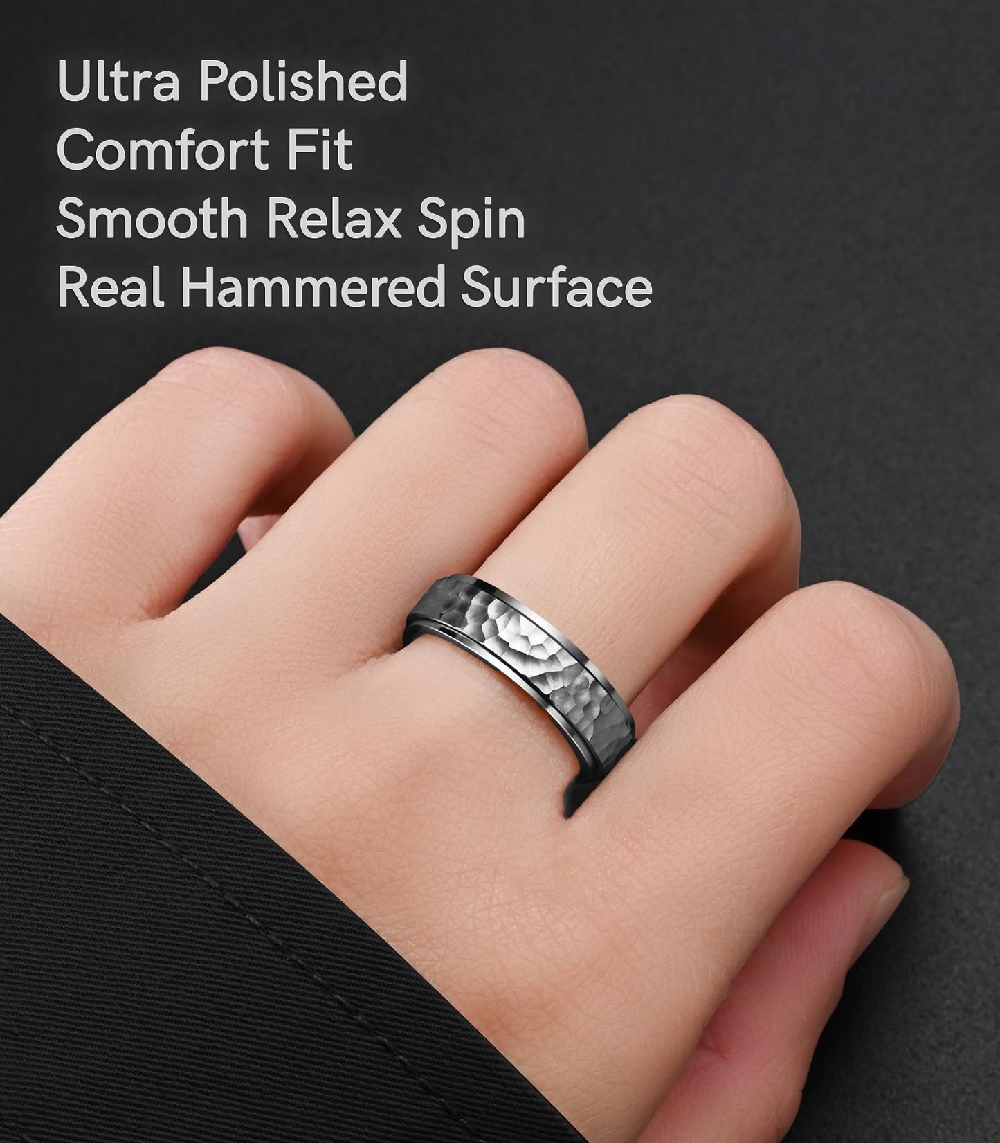 King Ring 6mm Spinner Hammered Ring - Stress Relief Fidget Ring for Men & Women K39V2 - Silver 06