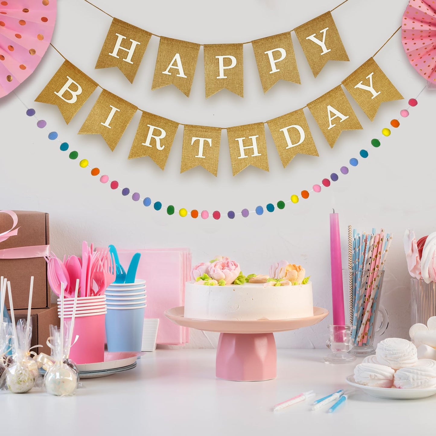 Natural Tan Burlap Happy Birthday Banner And Rainbow Pom Pom Garland, No Diy, Pre Strung And Ready To Hang, Faux Imitation Burla
