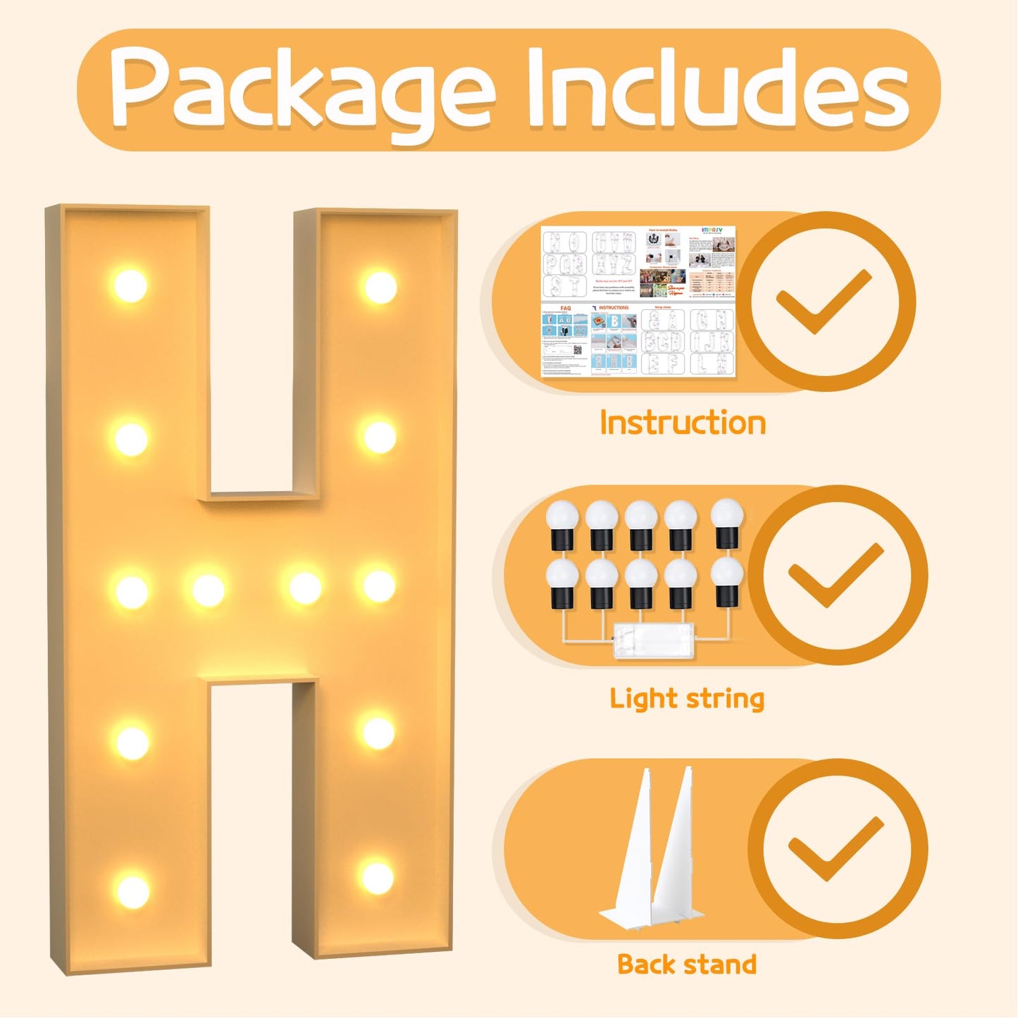 Imprsv 4Ft Marquee Light Up Letters H, Large Light Up Letters For Baby Shower Anniversary Wedding Room Decor, Big Letters For Pa