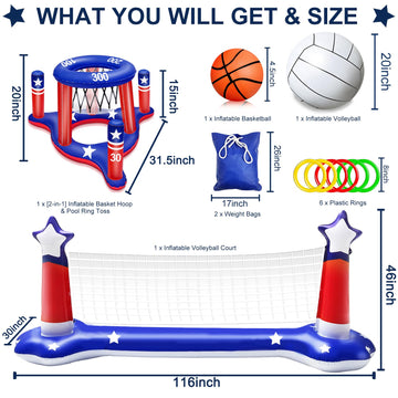 Pool Volleyball Net & Basketball Hoop & Ring Toss, 3-In-1 Large Inflatable Pool Games Set With 2 Balls 6 Rings American Flag Flo