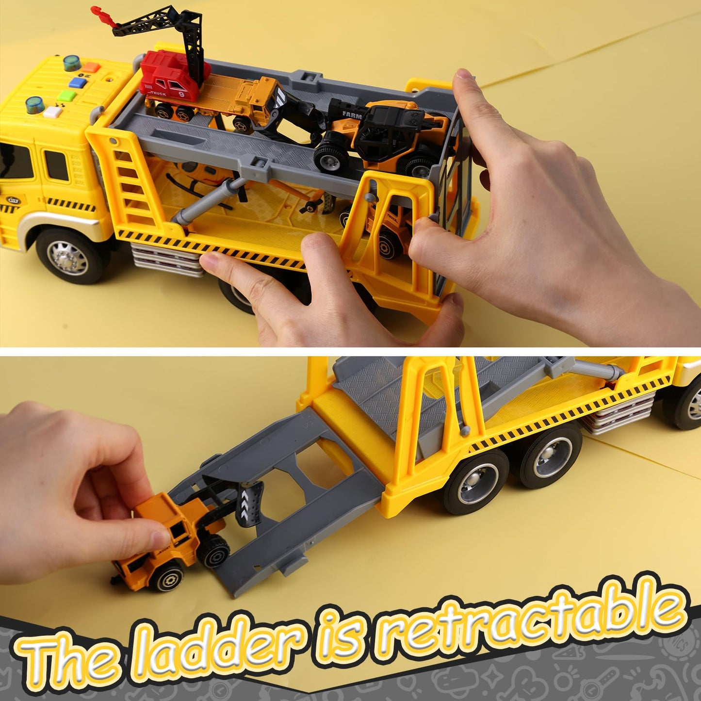LovesTown 5PCS Construction Truck Toy Set, Large Truck with Lights and Sounds and Small Die-cast Engineering Trucks Helicopter S