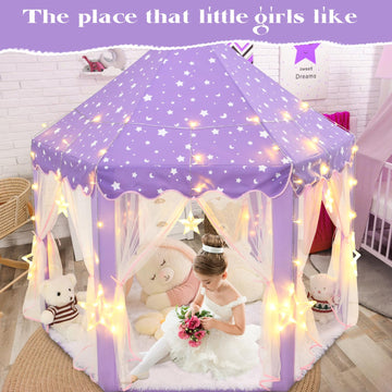 Kixinwa Purple Princess Tent For Girls, Kids Play Tent With Led Large Star Lights, Castle Playhouse Tent For Children Toddlers I