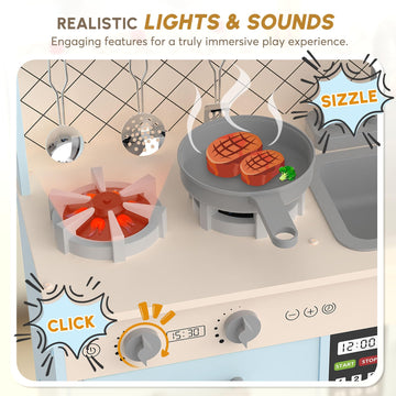 Bierum Play Kitchen With Realistic Lights & Sounds, Wooden Kitchen Playset Chef Pretend Play Set For Toddlers, Toy Kitchen With