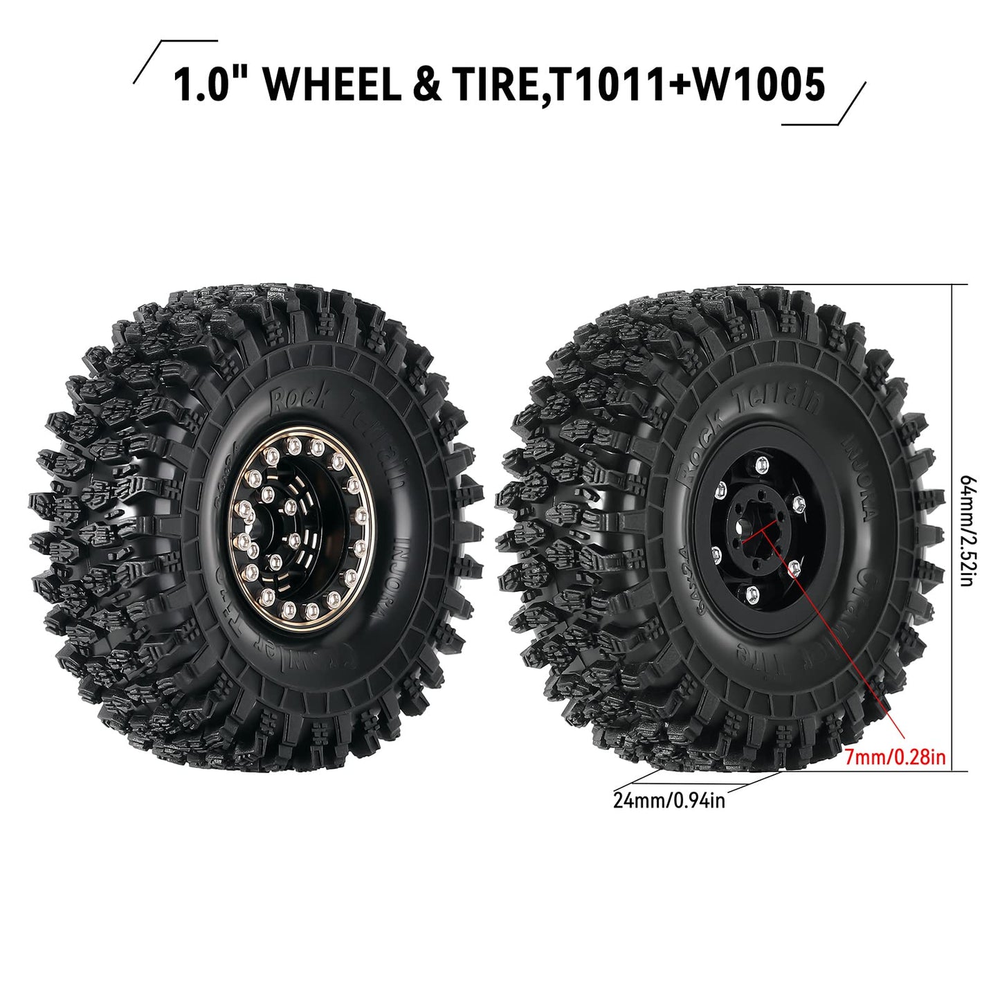 INJORA 1.0 Brass Beadlock Tires Set 4PCS Tires for 1/18 TRX4M 1/24 RC Crawler Car Axial SCX24 FMS FCX24 Gladiator Bronco C10 JLU