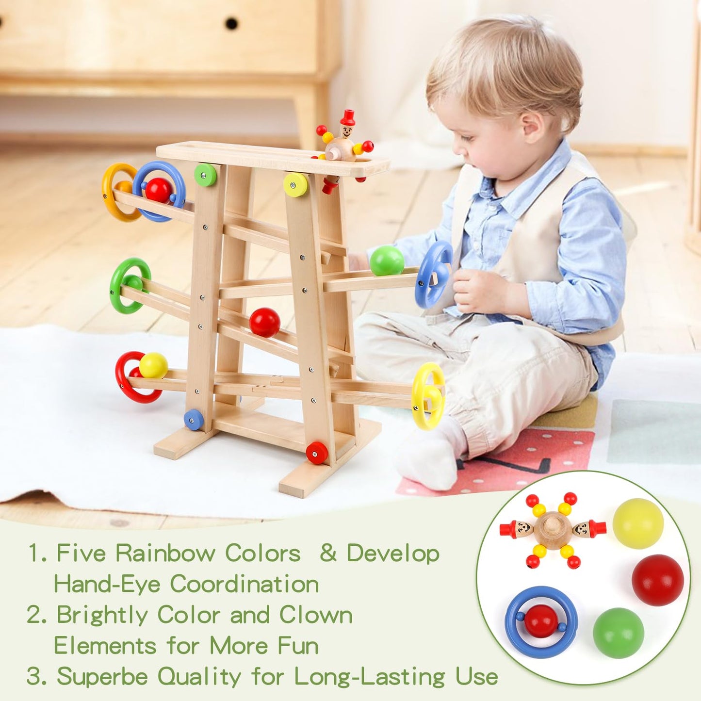 Qilay Wooden Wooden Race Track Toddler Toys For 1-3 Year Old Boy And Girl, Wooden Car Ramp Racer Toy Vehicle Set With 4 Balls &