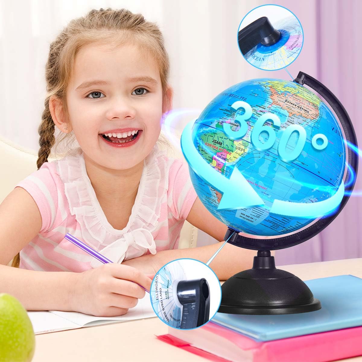 Kiseer 8 Inch World Globe With Stand Rotating Earth Spinning Globe For Kids Geography Classroom Education Or Decorations (Blue)