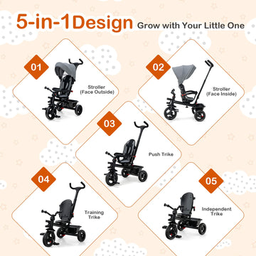 HONEY JOY 5-in-1 Baby Trike Stroller, Adjustable Handle, Canopy, EVA Wheels, Cup Holder, Storage Basket, Gray, 38” x 20” x