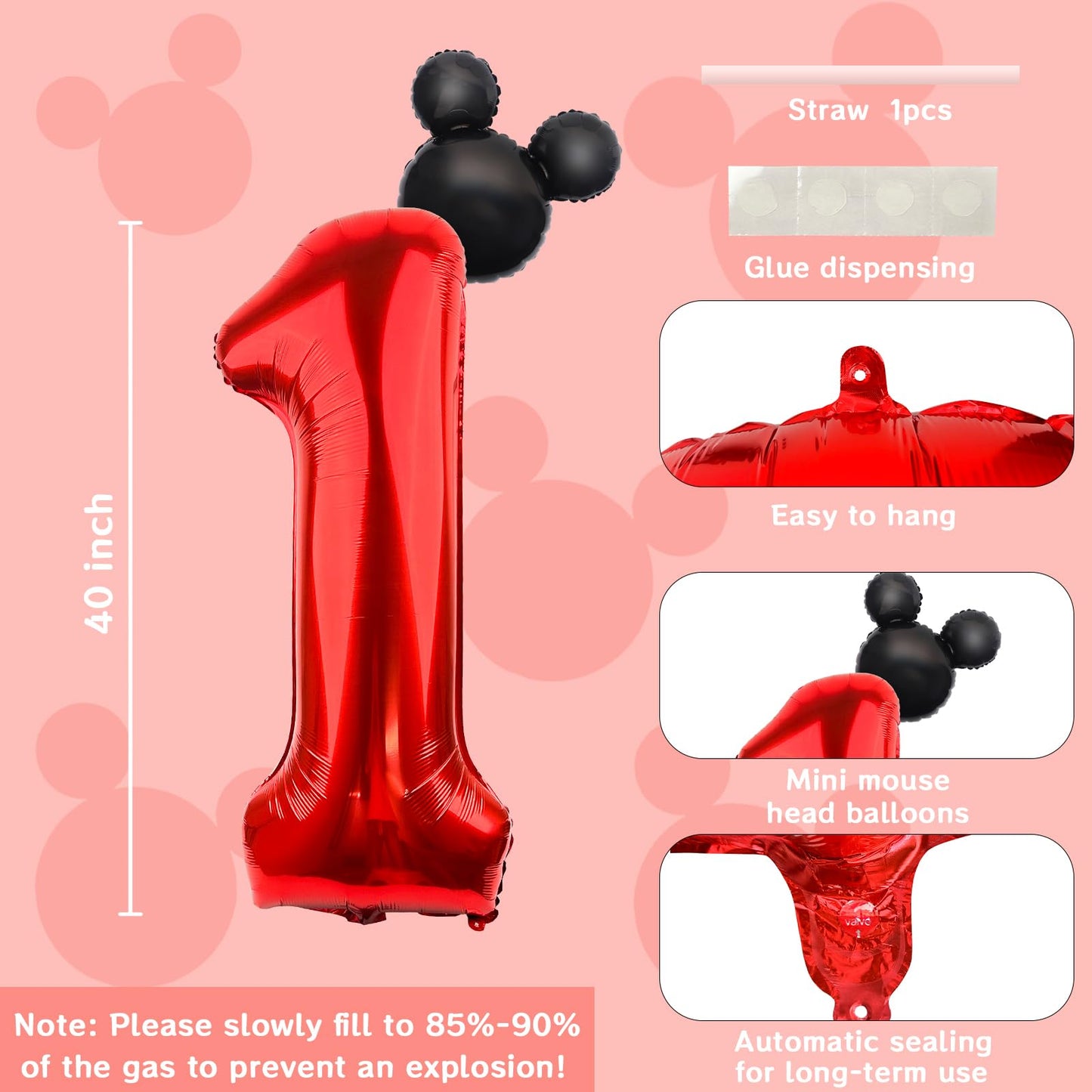 Lebery 40 Inch Mouse Number 1 Balloon Black Red 1 Balloons For 1St Birthday, Mini Mouse Head Balloon Red Giant Number One Balloons For Mouse Clubhouse Baby Shower Anniversary Supplies Decorations