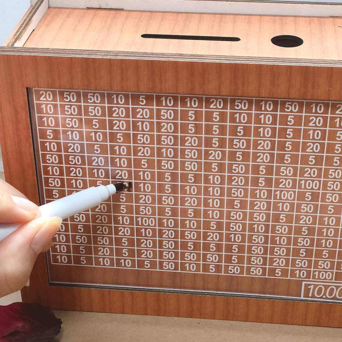 kjsdsss 10000 Savings Challenge Box - Wooden Cash Vault, Brown Coin Counter Piggy Bank for Money Saving Challenges, 2025 Model