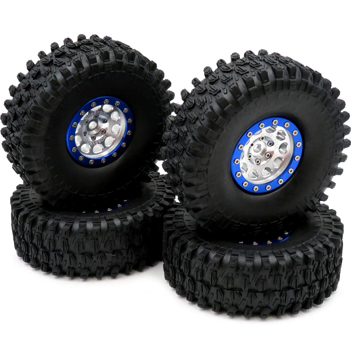 hobbysoul RC 1.9 Tires Tyres Height 120mm/4.72inch & Alloy 1.9 Beadlock Wheels Rims Hex 12mm Silver&Blue color for TRX-4 D110 SC