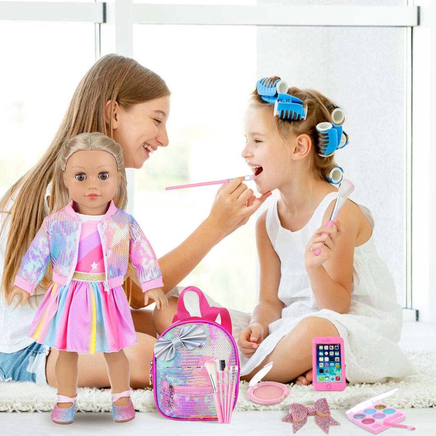 Unicorn Element American 18 Inch Doll Clothes And Accessories Makeup Playset Include 18 Inch Doll Clothes, Skirt, Backpack, Bracelet, Hair Clip, Phone And Makeup Sets(No Doll And Shoes)