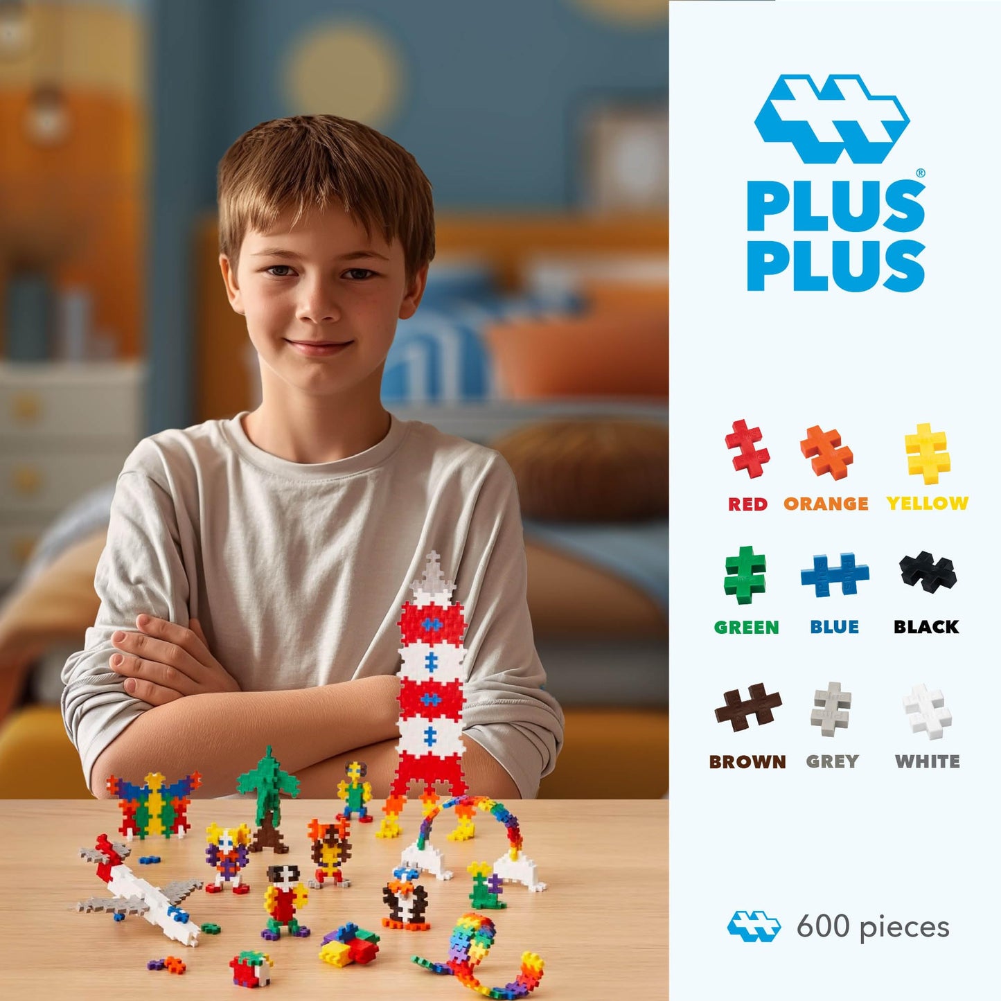 Plus Plus - Open Play Set - 600 Piece - Basic Color Mix, Construction Building Stem Toy, Interlocking Mini Puzzle Blocks For Kid