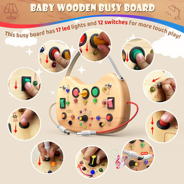 Udouto Montessori Busy Board For Toddlers 1-3, Wooden Busy Board With Led Light, Switch Board Car Ride Airplane Travel Toys, Chr