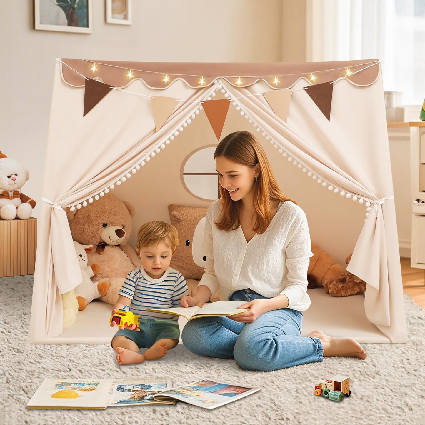 Piikago Kids Tent Indoor With Star Lights And Flags - Play Tent For Kids Ages 4-8, Toddler Tent, Kids Playhouse For Girls Boys,