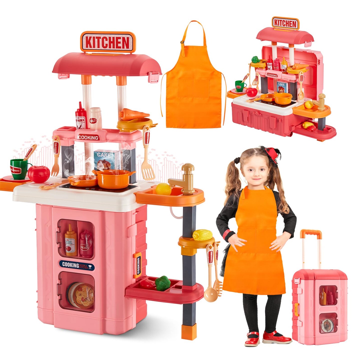 GEIYATOI Kitchen Playset, 3 in 1 Kitchen Pretend Play Toys Travel Suitcase, 49 PCS Realistic Cooking Accessories, Sounds, Lightn