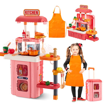 GEIYATOI Kitchen Playset, 3 in 1 Kitchen Pretend Play Toys Travel Suitcase, 49 PCS Realistic Cooking Accessories, Sounds, Lightn