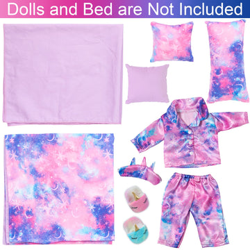 K.T. Fancy 8 Pcs 18 Inch Girl Doll Clothes And Accessories Sleeping Sheet,Pajamas,Eye Mask,Unicorn Slippers,Pillow(Doll And Bed Are Not Included)