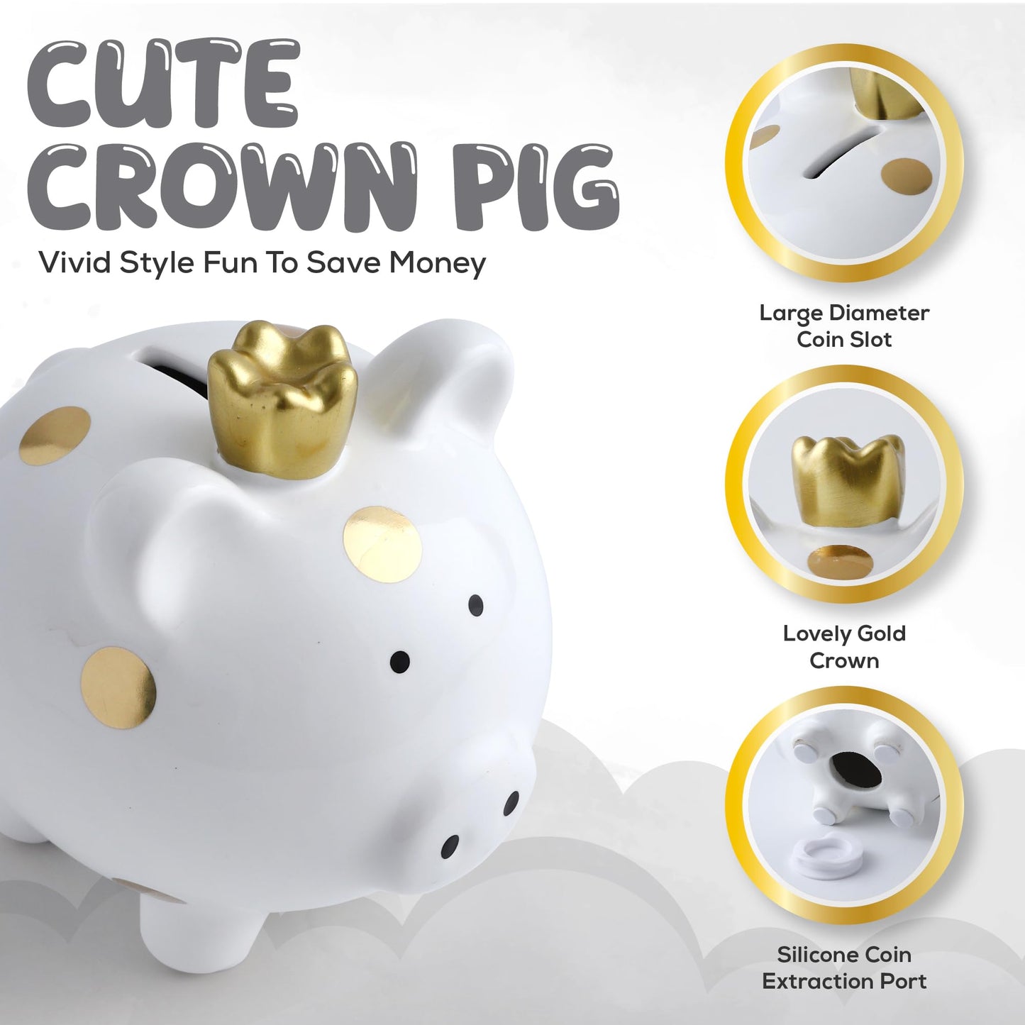 Sobeit Crown Small Porcelain Piggy Bank, Easy Access Money Saving Bank For Kids, White/4.64'L X 5.51'W X 5.19'H