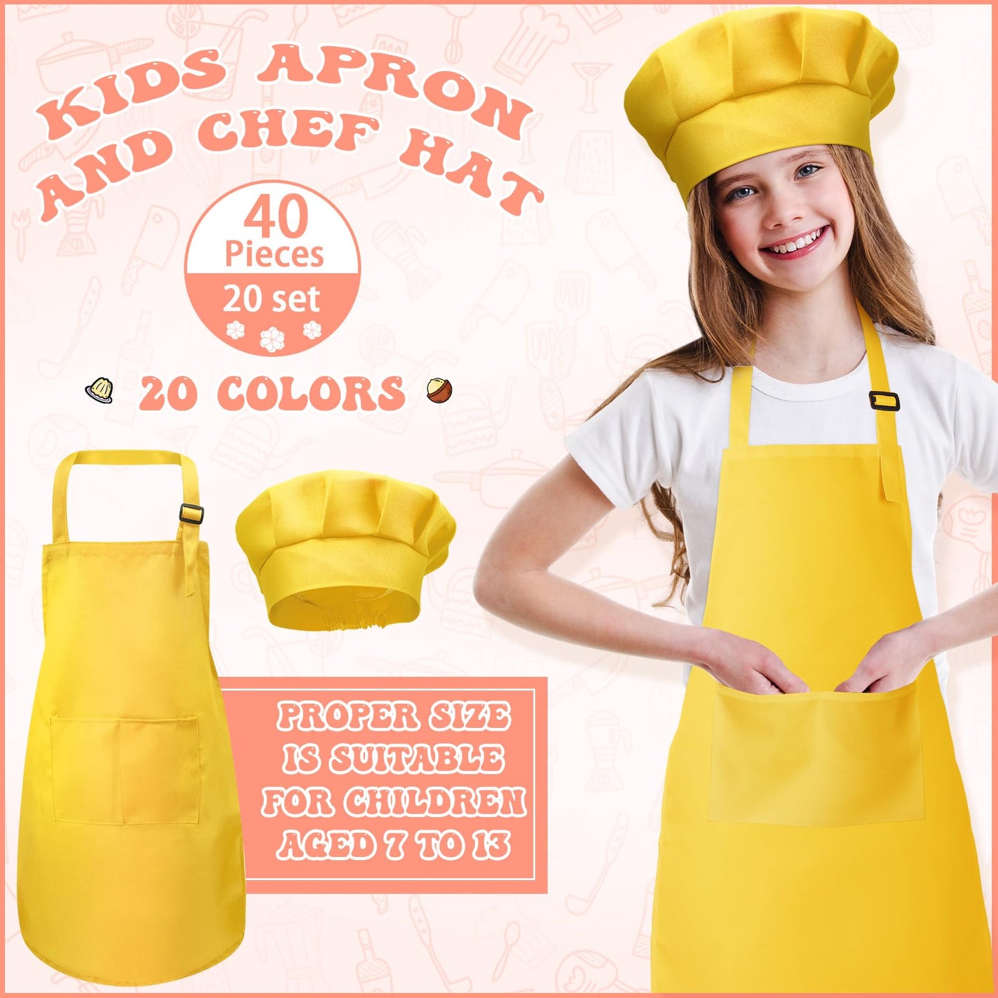 40 Pcs Kids Apron Chef Hat Set Boys Girls Aprons Chef Apron Hats Bulk for Cooking Painting Children's Bib Apron 7-13 Years (Mixe