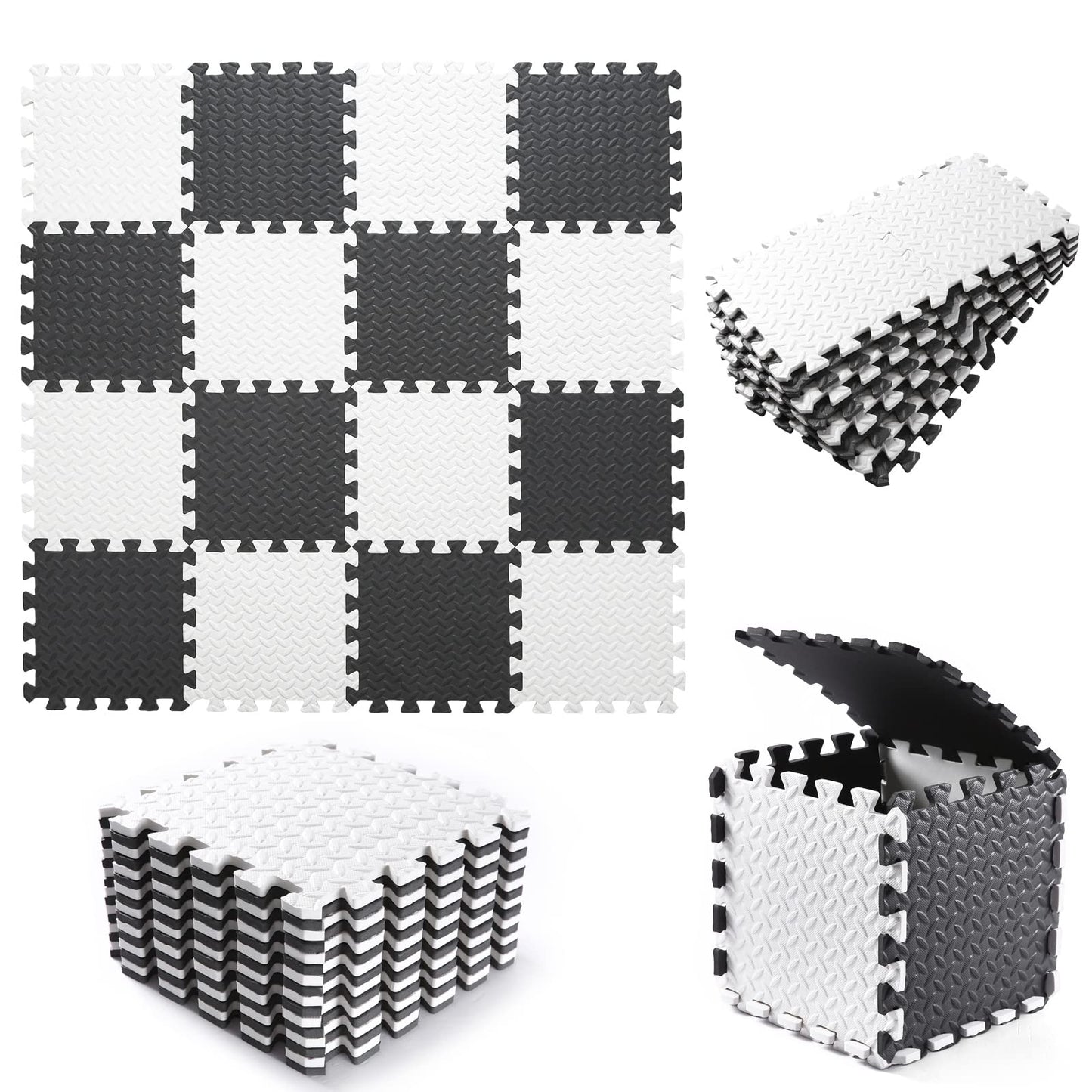 Tamiplay Foam Play Mat - 0.4 Inch Soft Eva Non-Toxic Interlocking Tiles, Baby Exercise Puzzled Floor Mats, 16 Tiles (White/Black