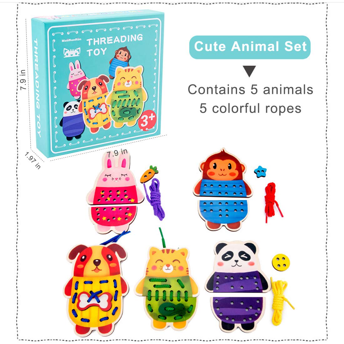 Promise Babe 5 Pack Animals Lacing Cards Wood Block Puzzle Threading Toys Montessori Toy Sewing Cards For Toddler Educational Pr