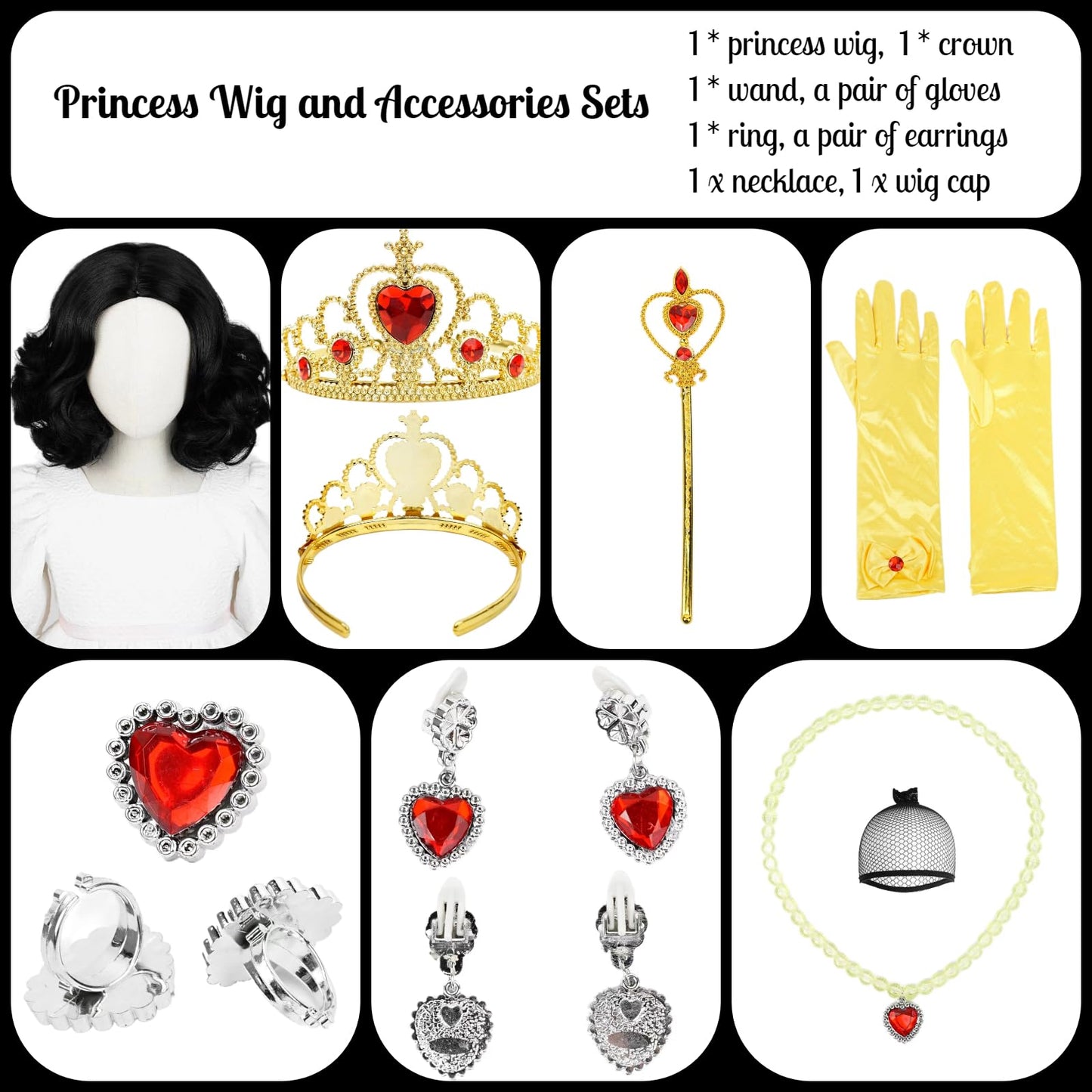 Princess Wig Set Kids Short Curly Black Cosplay Wigs For Kids Girls, Black Middle Part Wig Child'S Costume Wigs Synthetic Hair F