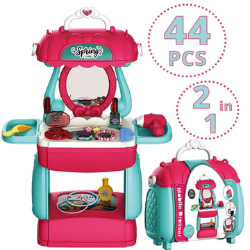 Shape28 Beauty Bag Playset Pretend Makeup Toy Set 44 Pieces Children Makeup Toy Princess Dressing Table Kids Vanity (DarkPink)