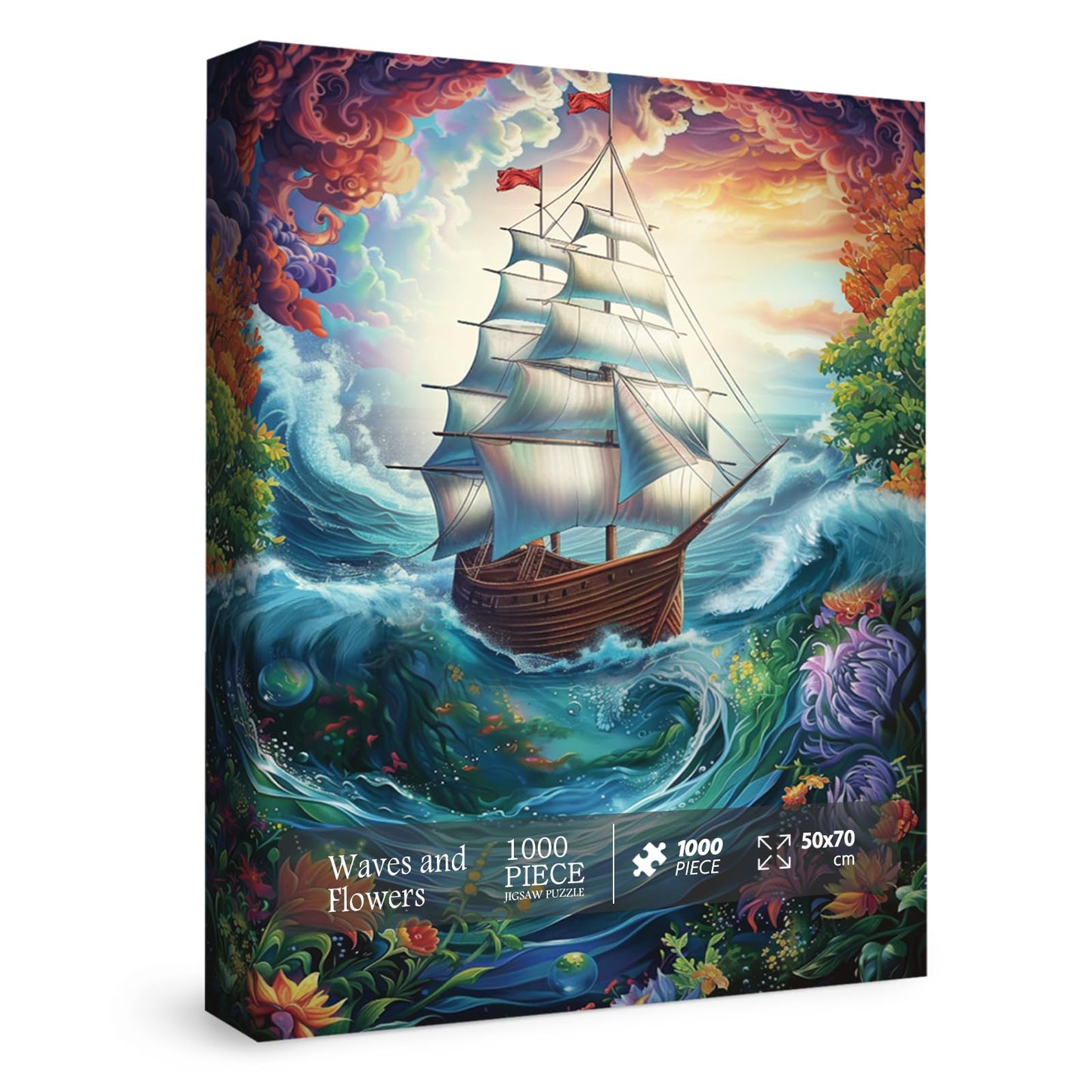 Colorful Ocean Sailboat Puzzles for Adults 1000 Pieces Art, Beautiful Flower Sea Jigsaw Puzzles, Pretty Floral Scenic Fantasy Pu