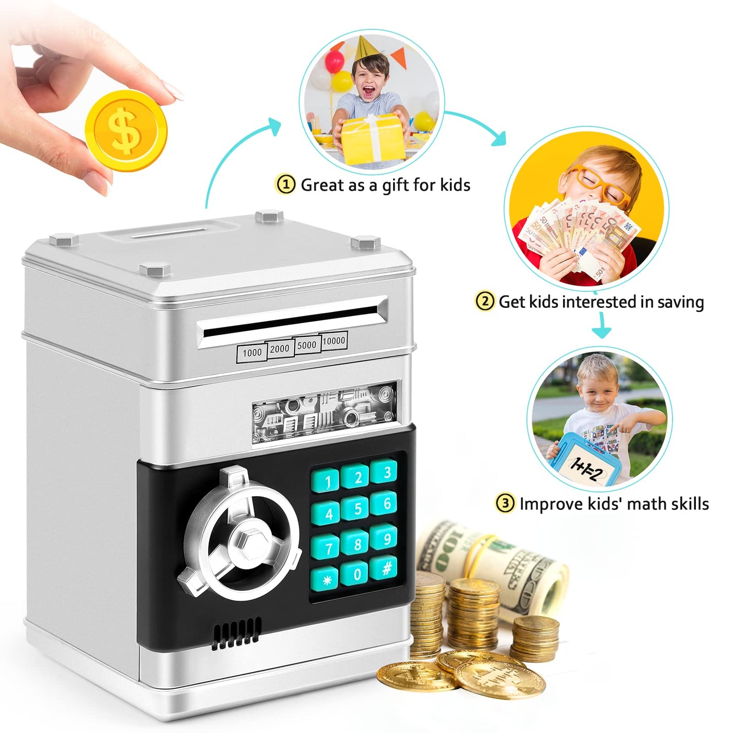 Piggy Bank For Boys Girls, Vcertcpl Atm Coin Bank Money Saving Box With Password, Kids Safe Money Jar With Auto Grab Bill Slot, Birthday Gifts Toys Bank For 6 7 8 9 10 11 12 Year Old Girls Boys