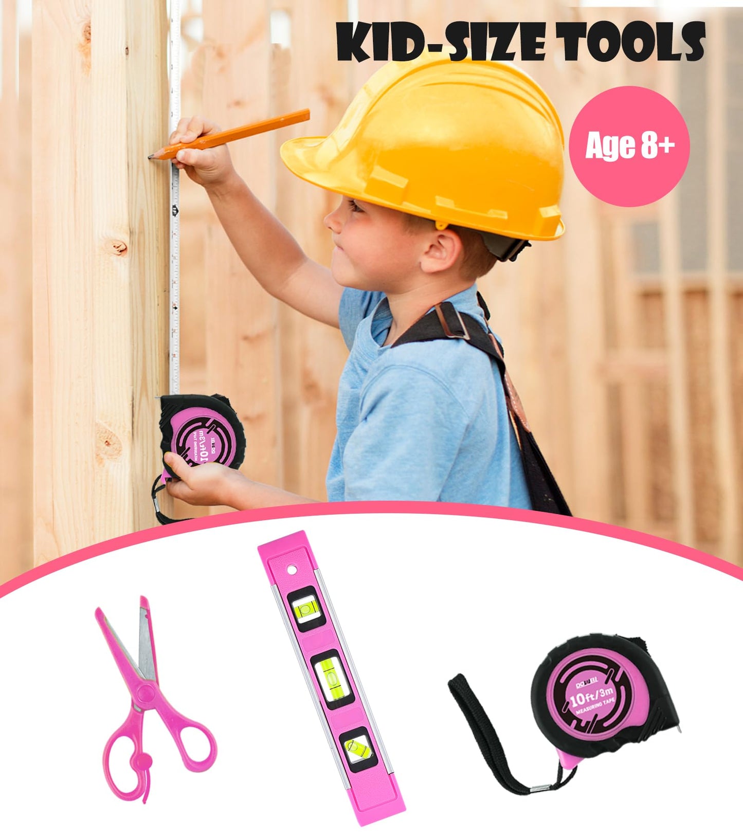 DOWELL Kids Real Tools Pink Tool Set, 14 Pieces, with Tool Bag for Girls