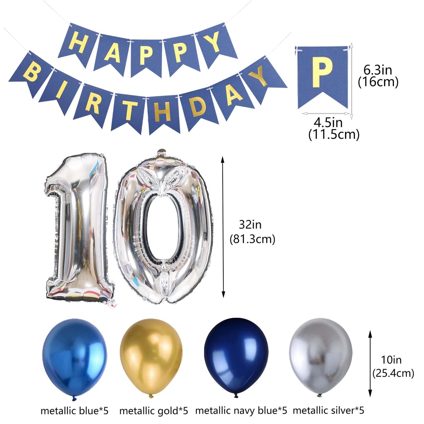 10Th Birthday Party Decoration For Boys, Birthday Banner Number 10 Birthday Balloons Metallic Silver Blue Gold Latex Balloon For