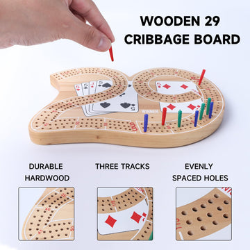 GSE Games & Sports Expert Wooden 3-Track 29 Cribbage Board Game with Plastic Pegs, Classic Three-Person Cribbage Board for Kids