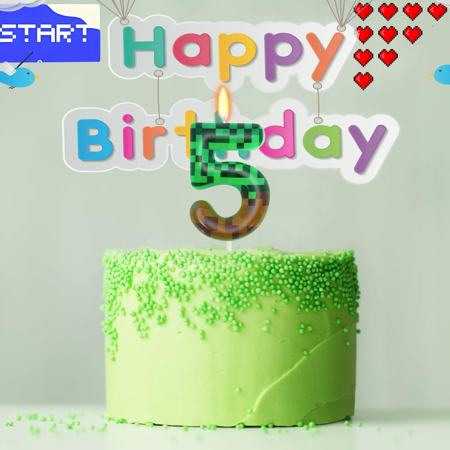 5th Pixel Miner Birthday Candles, Pixels Cake Topper for Boys Girls, TNT Themed Birthday Decorations Party Supplies (Number 5)