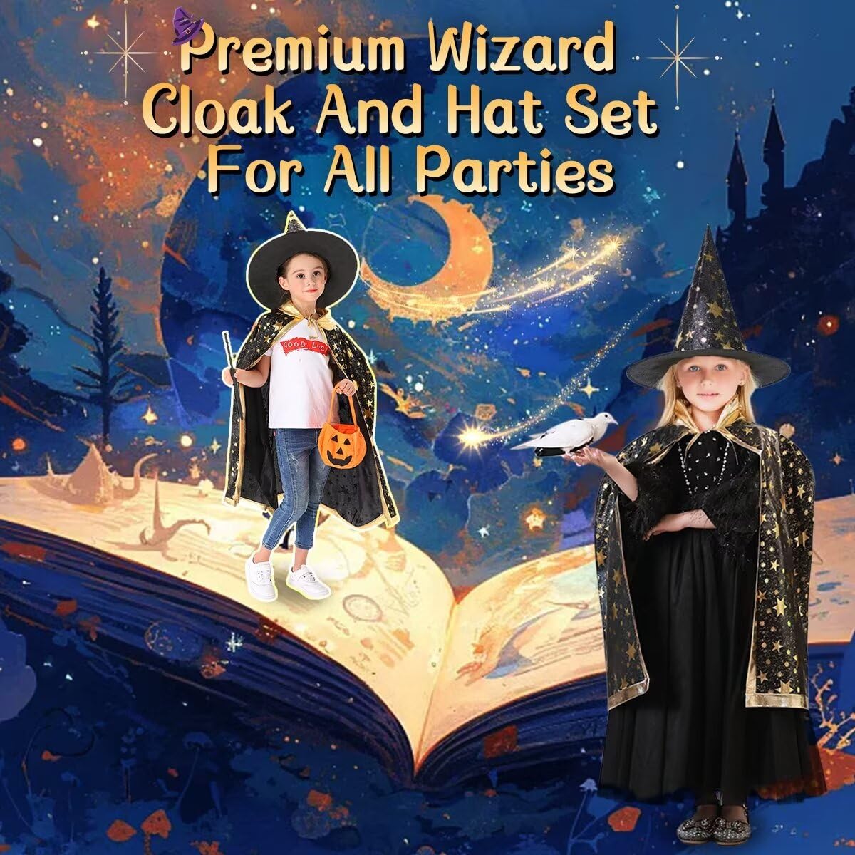 Lncojolm Wizard Robe Cape Hat Wand Witch Cloak Magician Costumes For Kids Boy Girl Cosplay Pretend Play Birthday Party Accessori