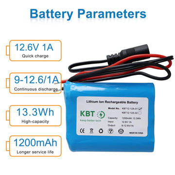 KBT 12V Rechargeable Li-ion Battery Pack with Charger, 1200mAh, Bare Leads for RC Cars, Boats, Robots, DIY, LED Light Kits
