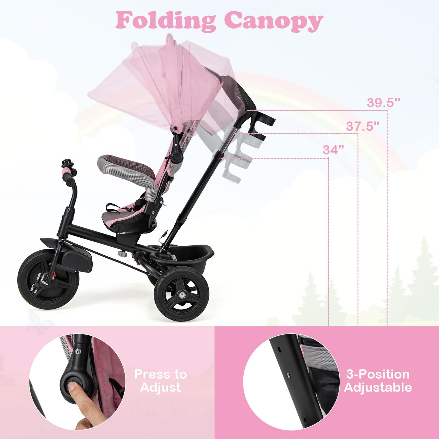 HONEY JOY Tricycle, 6 in 1 Kids Trike Stroller w/Adjustable Push Handle & Canopy, Reversible Seat, Safety Belt, Folding Pedal, C