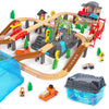 WoodenEdu 100Pcs Wooden Train Set for 3 Year Old Boys, Double-Side Train Set Tracks with Bridge Train Station & Storage Box, Fit