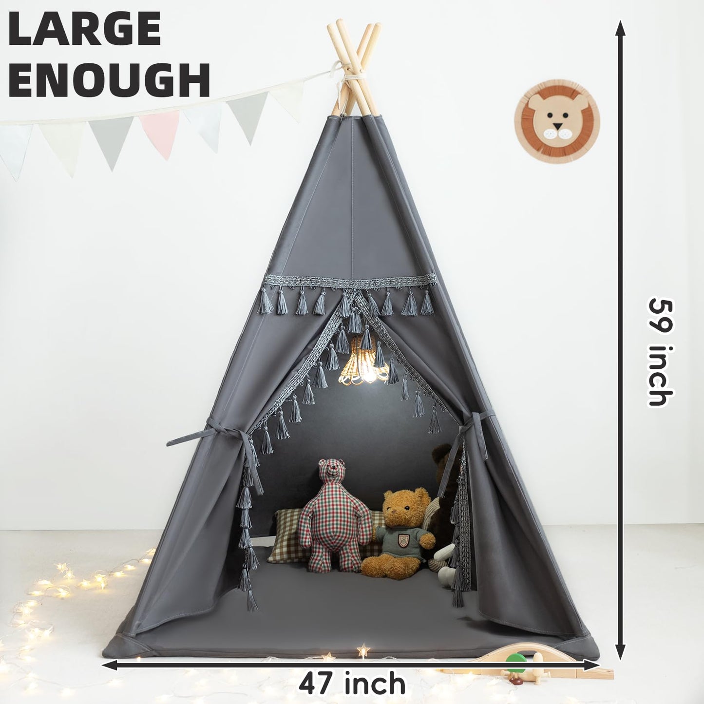 Xiaowantong Kids Teepee Tent With Padded Mat, Lights, And Carry Bag,Natural Cotton Canvas Washable Playhouse For Indoor Use,Idea