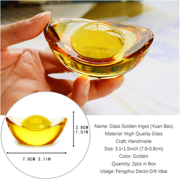 2Pcs Handmade Chinese Yellow Crystal Yuan Bao Figurine Collectibles Feng Shui Golden Ingot Statues Ornament For Wealth Luck,3Inch