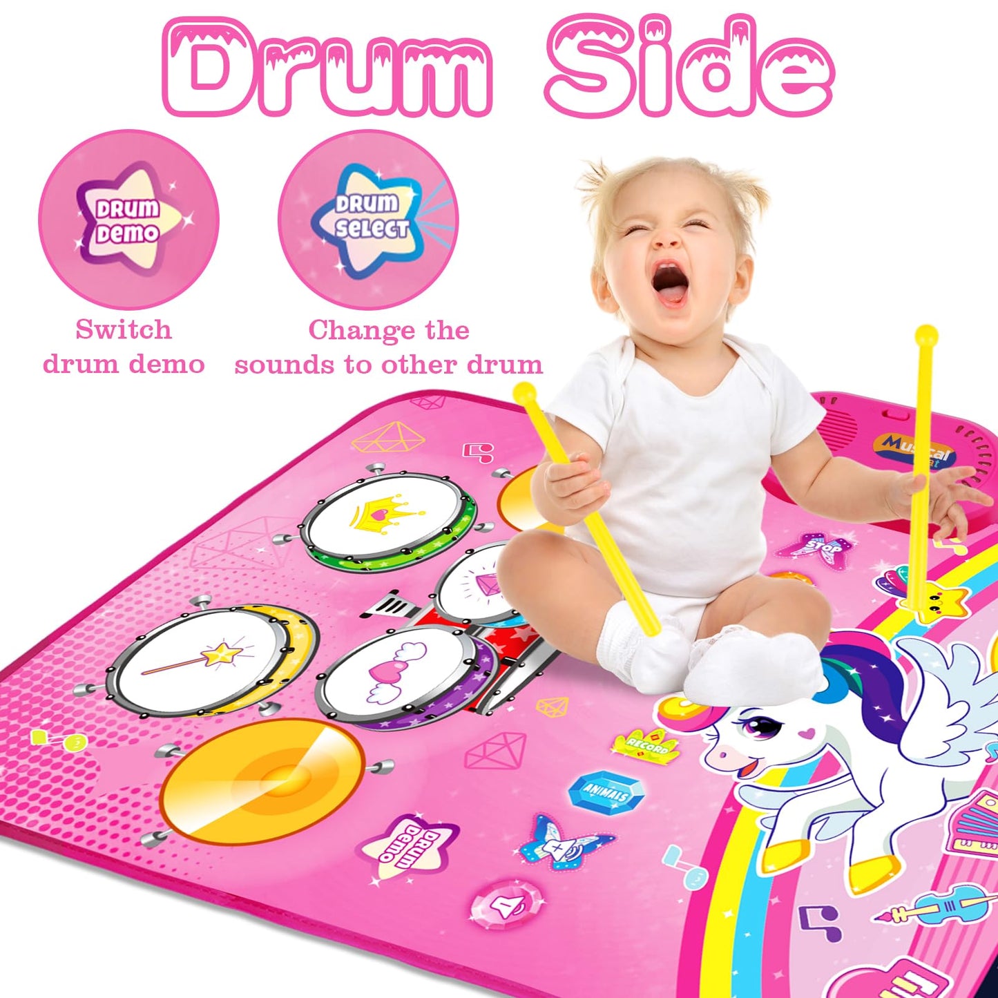 Baby Music Mat: 3 In 1 Piano Drum Animal Touch Unicorn Toys - Infant Musical Toy For 1-2 Year Olds
