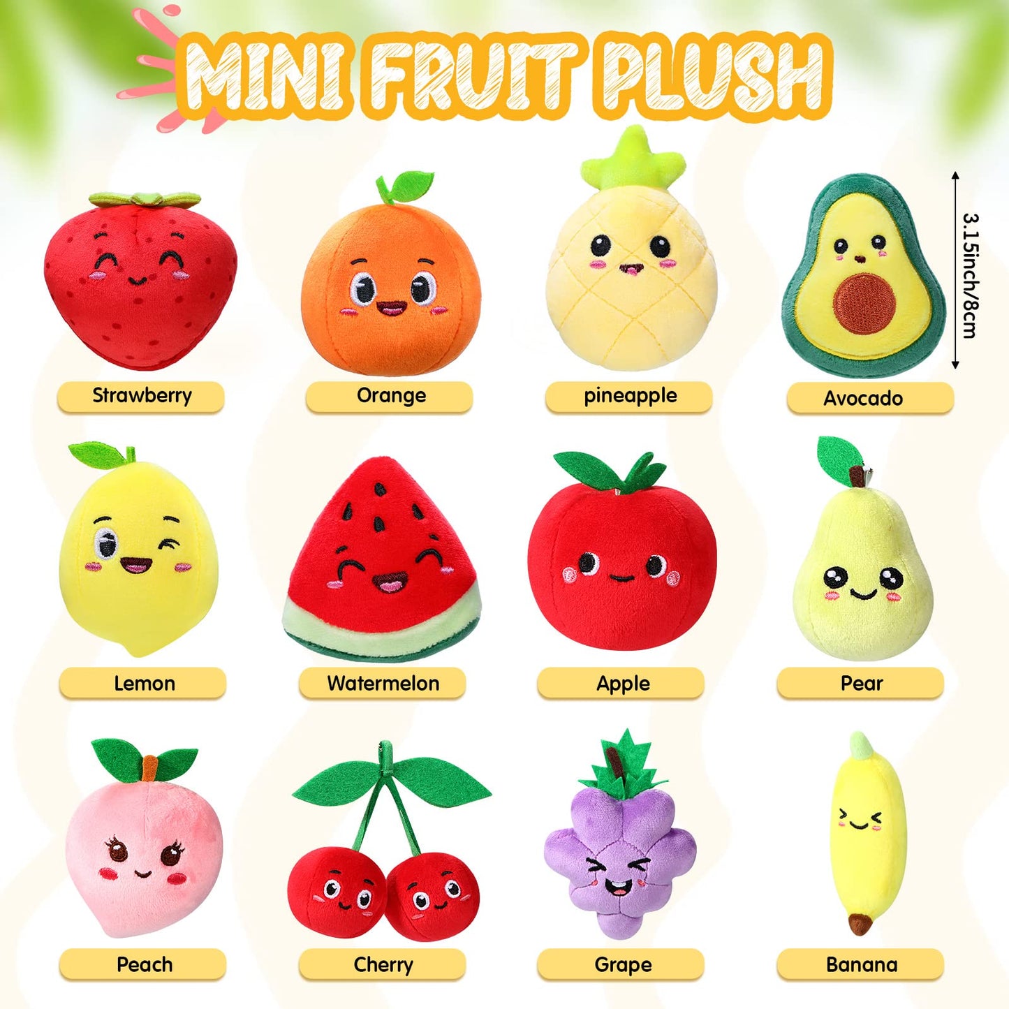 12 Pieces Cute Fruit Plush Toys Colorful Stuffed Fruits Soft Mini Avocado Strawberry Orange Pineapple Peach Lemon Stuffed Doll F