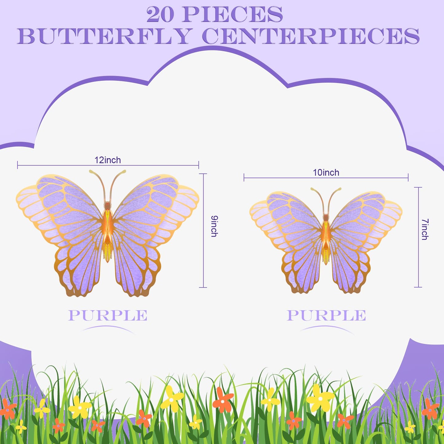 Wettarn 20 Pcs Butterfly Centerpieces For Tables Butterfly Party Decorations 3D Golden Butterfly Table Toppers Centerpiece For Girl Party Birthday Baby Shower (Purple,12 X 9 In,10 X 7 In)