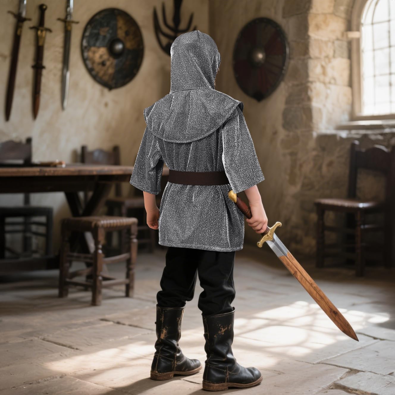 Chain Mail Costume Kids Medieval Knight protective covering Set with Hood & Belt for LARP Halloween Cosplay 3'4''-3'9''