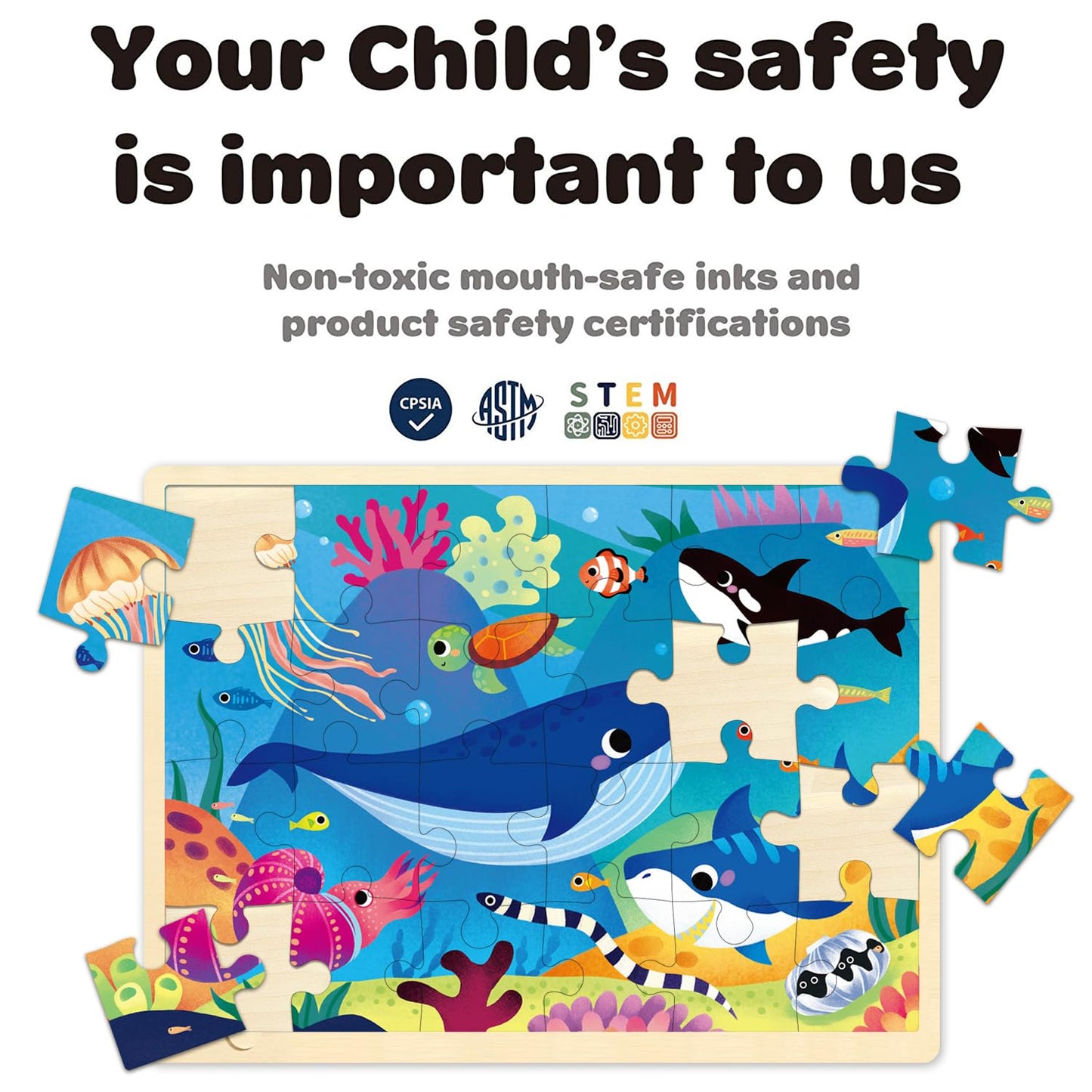 Moinkidz 24 Piece Puzzles For Kids Ages 3-5, Unique Shape Jigsaw Pieces Ocean Animal, Wooden Jigsaw Puzzle For 3 4 5 Year Old, Preschool Toddler Puzzle With Storage Tray