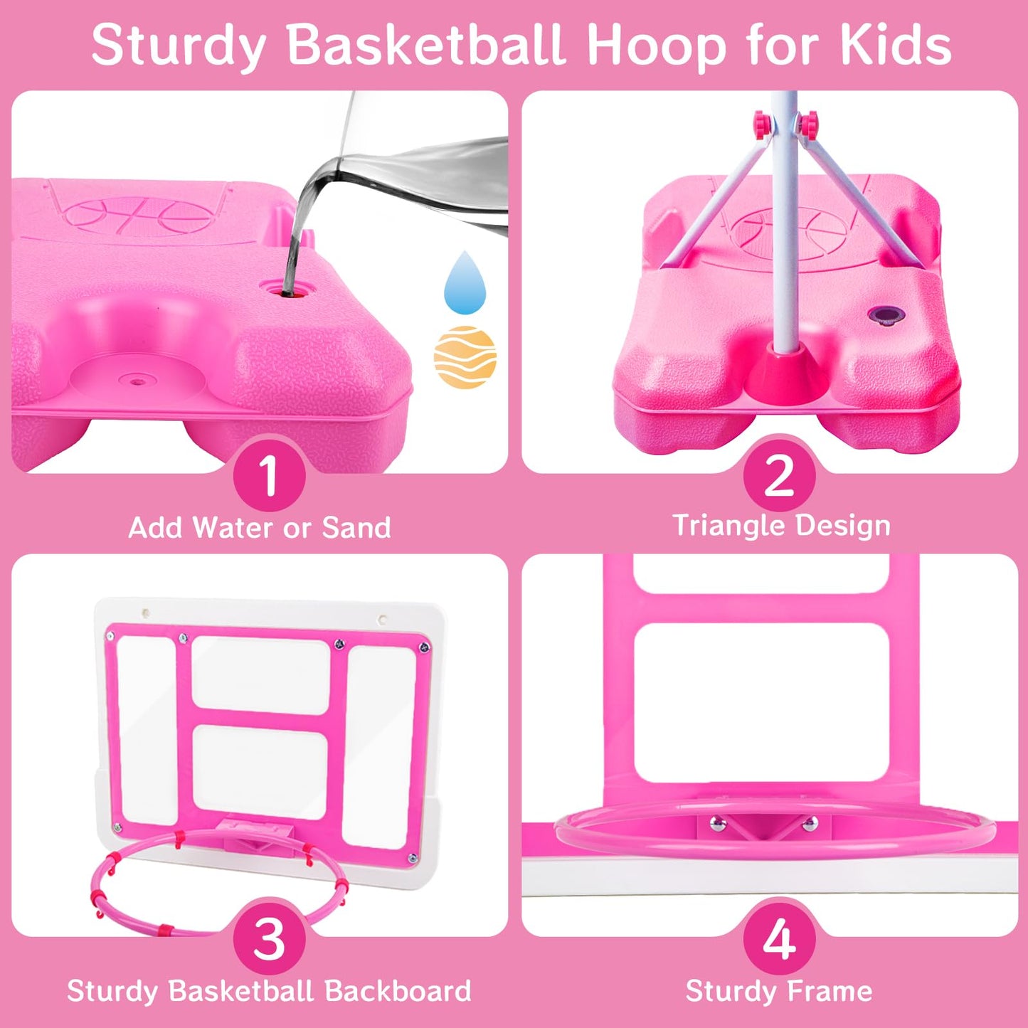 Kids Basketball Hoop With Stand, Adjustable Height 3.5Ft-6.2Ft Toddler Basketball Hoop, Basketball Goal Outdoor Indoor Toys For Girls Age 3 4 5 6 7 8 Years Old Gifts(Pink)