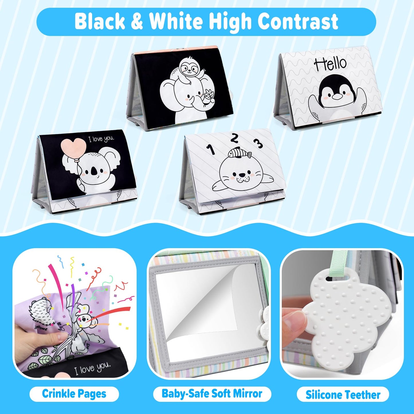 Dr.Rapeti Soft Tummy Time Book Baby Safe Mirror With Teether Crinkle Pages Tummy Time Mirror High Contrast Montessori Sensory Toy Tummy Time Toy For Newborn Baby Infant