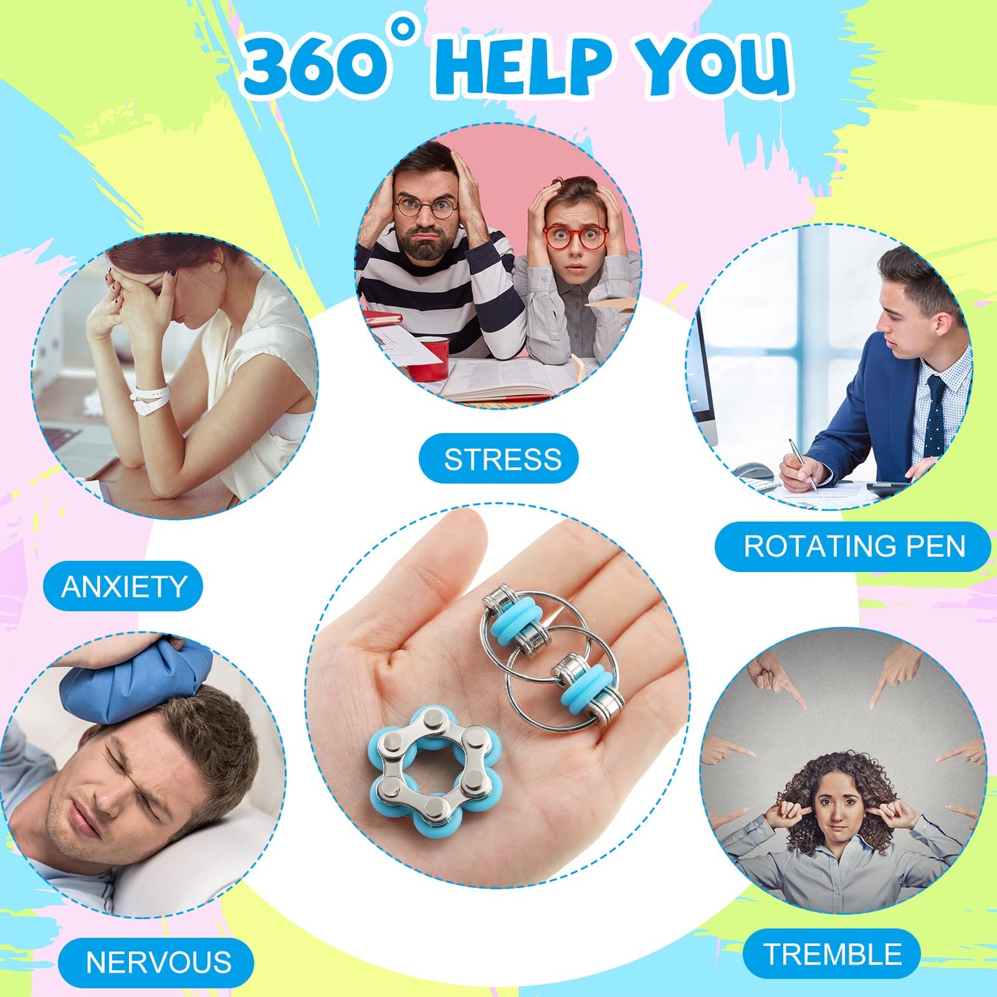 CHENGU 16 Pcs Fidget Toys Set - 8 Six Roller Chains & 8 Key Flippy Chains for Stress Relief, Anxiety & ADHD - Bright Colors