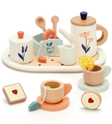 Pairpear Wooden Tea Set For Toddlers,Wooden Toys Tea Party Set Play Kitchen Accessories For Kids Girls And Boys 3 Years And Up,T