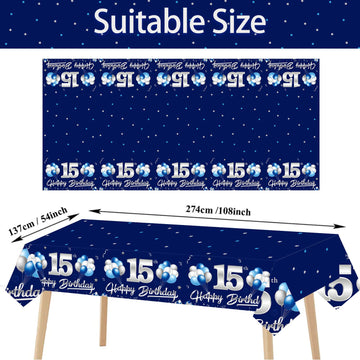 Turypaty 3 Pack Blue Silver 15Th Birthday Tablecloth Decoration For Boy, Navy Blue Happy 15 Table Cover Party Supplies, Fifteen