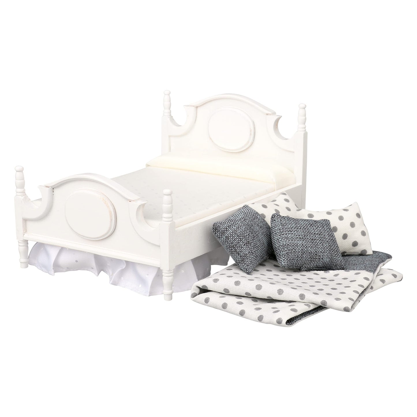 Dollhouse Furniture Mini Bed Set, Realistic Bedroom Accessories for 6 inch Dolls, Decorative Grey Bedspread & Pillows, White Woo